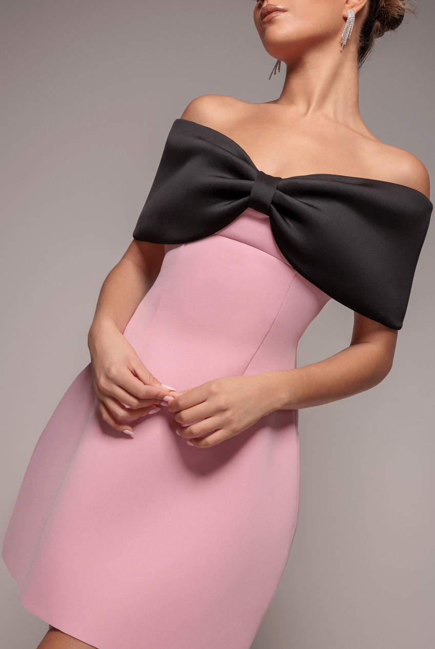 Front Bow Off The Shoulder Mini Dress - Blush Black DR4613CONTRAST