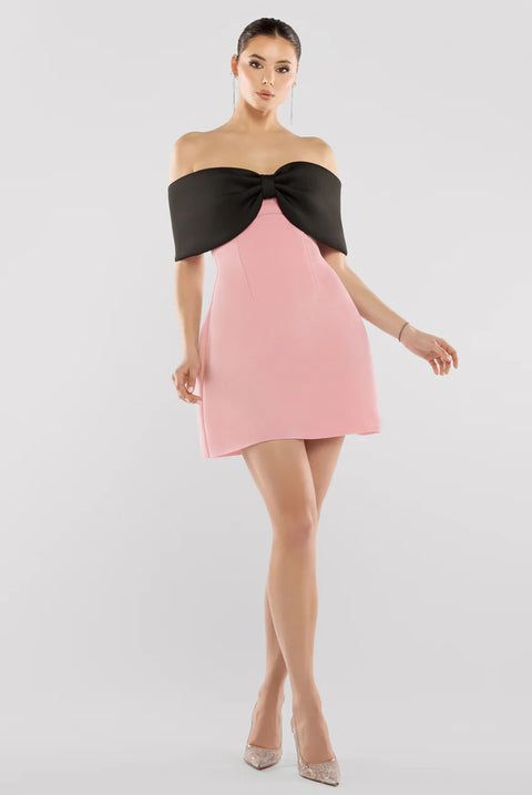 Front Bow Off The Shoulder Mini Dress - Blush Black by Goddiva