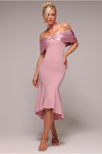 Twist Knot Satin & Scuba Bardot High Low Midi Dress - Blush Pink by Goddiva