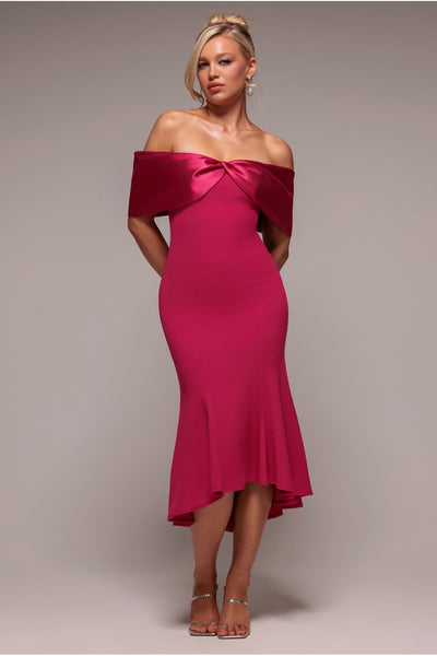 Magenta - Twist Knot Satin & Scuba Bardot High Low Midi Dress - Magenta by Goddiva