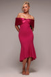 Twist Knot Satin & Scuba Bardot High Low Midi Dress - Magenta by Goddiva