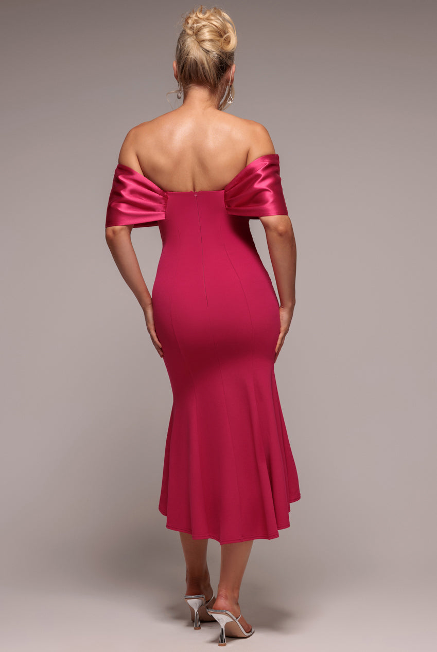 Twist Knot Satin & Scuba Bardot High Low Midi Dress - Magenta DR4617