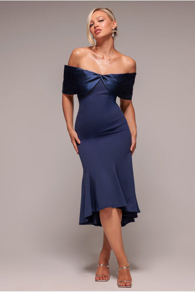 Navy - Twist Knot Satin & Scuba Bardot High Low Midi Dress - Navy Blue by Goddiva
