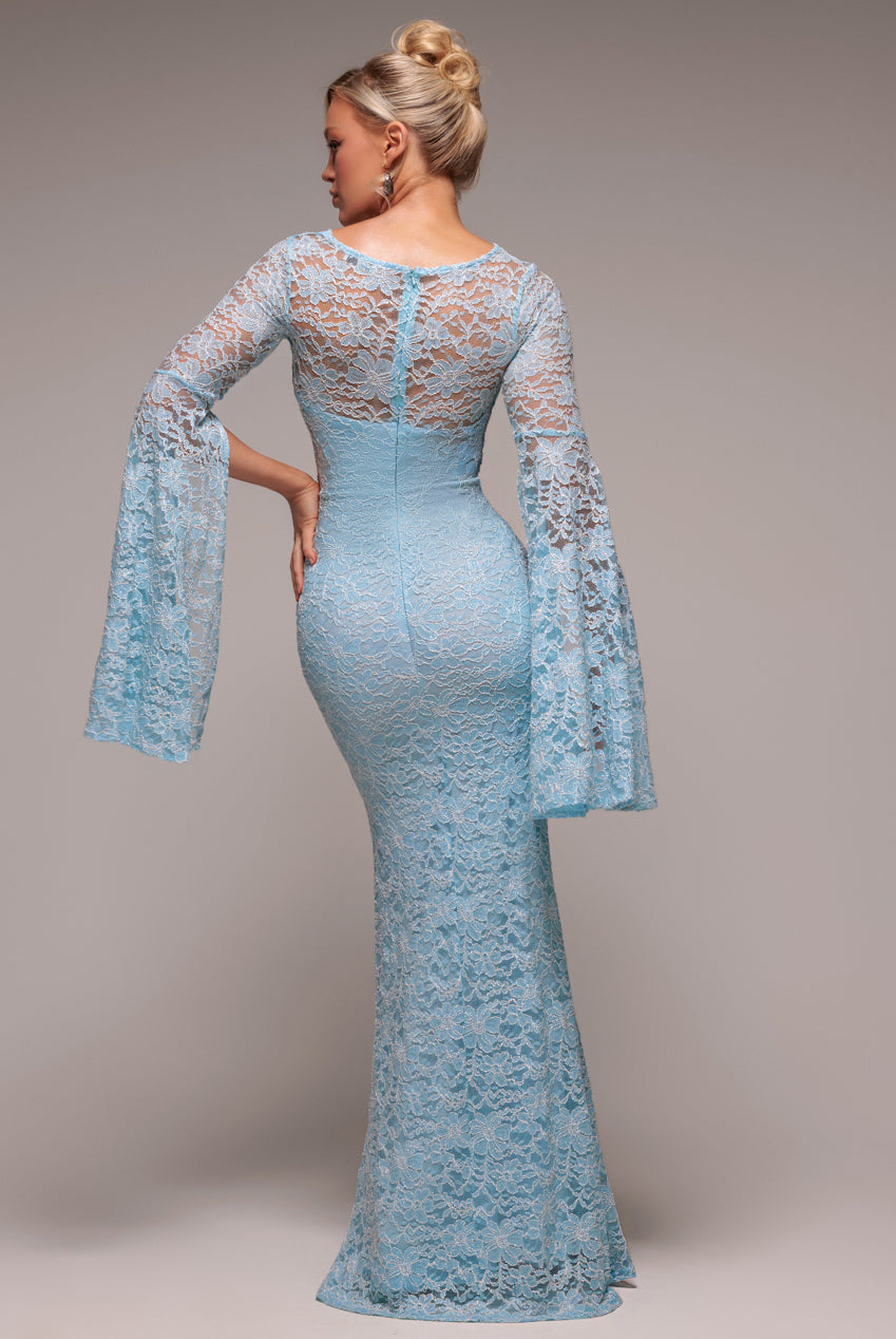 Cape Sleeve Lace Mermaid Hem Maxi Dress - Sky Blue DR4621