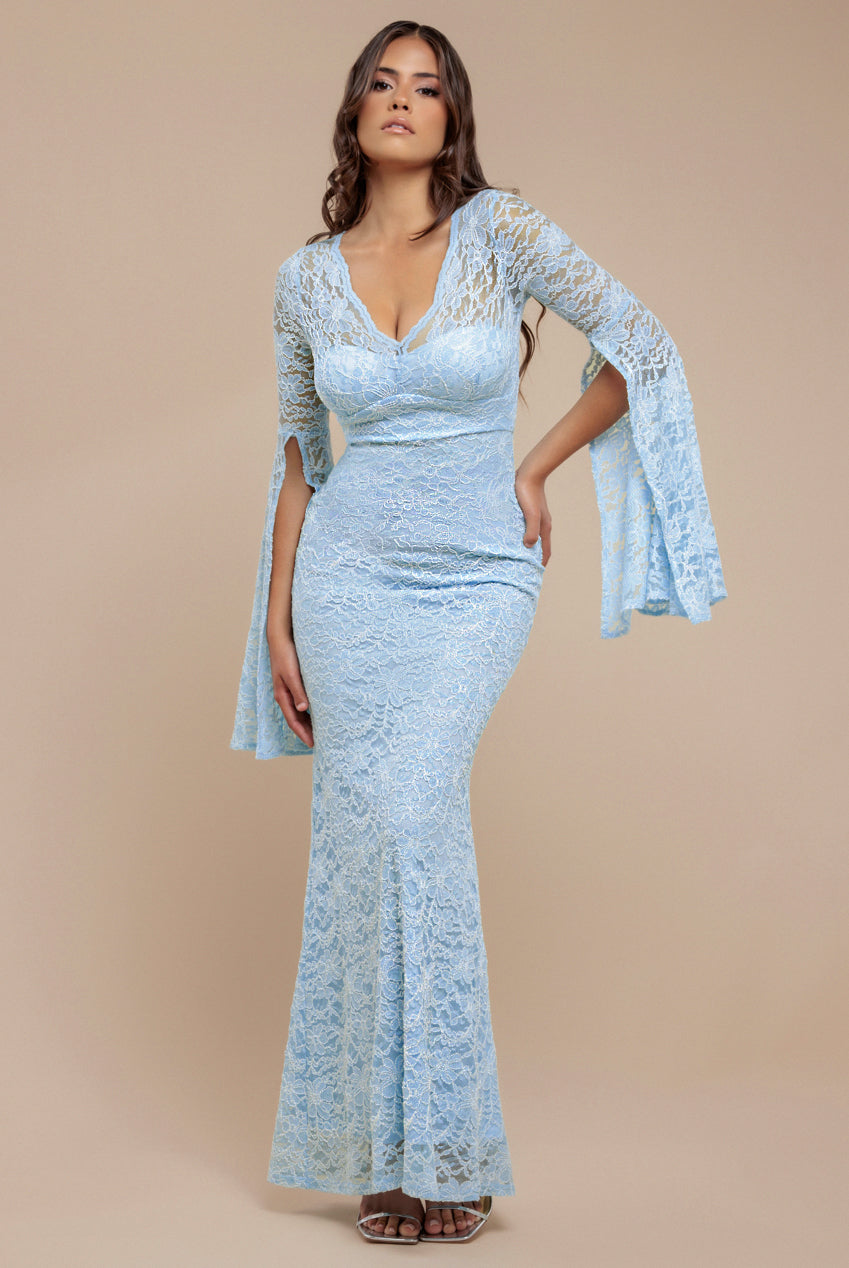 Cape Sleeve Lace Mermaid Hem Maxi Dress - Sky Blue DR4621