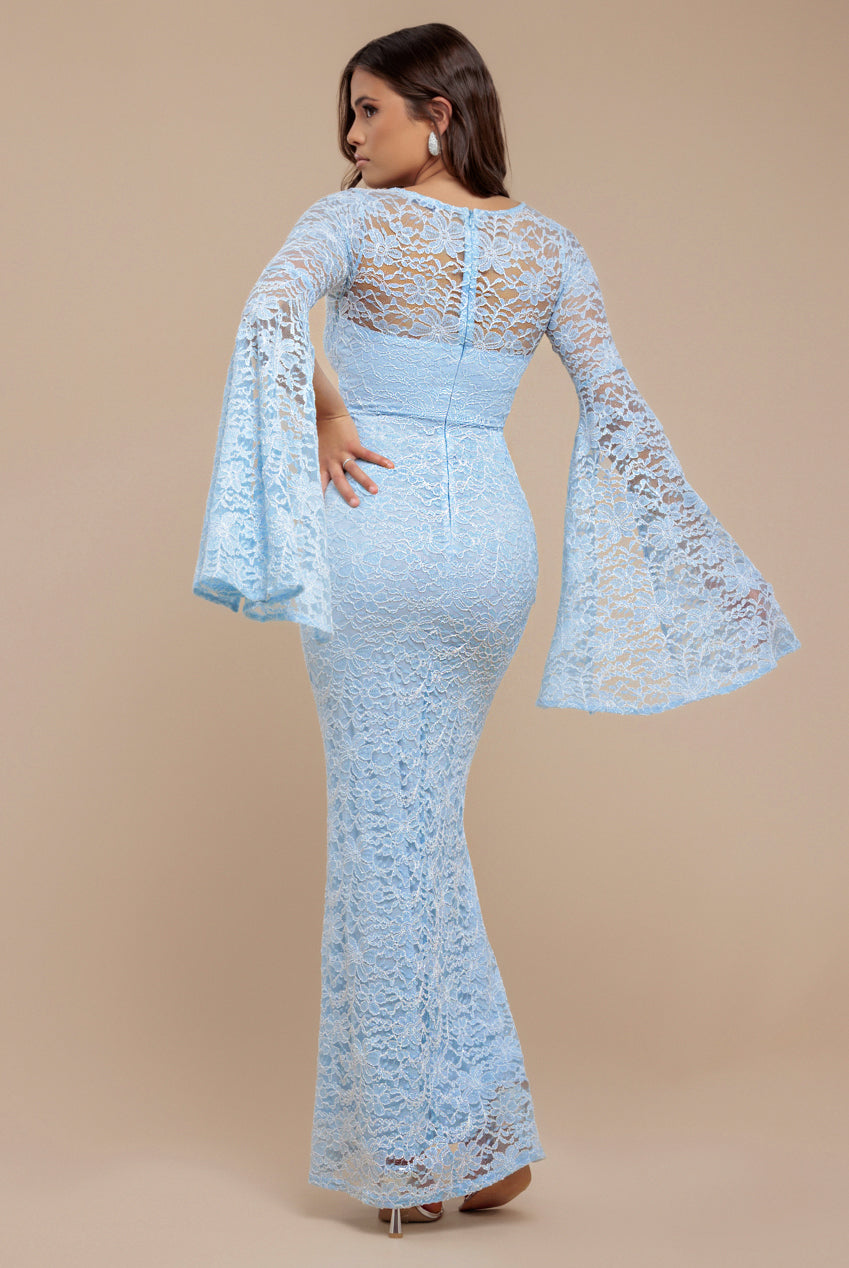 Cape Sleeve Lace Mermaid Hem Maxi Dress - Sky Blue DR4621