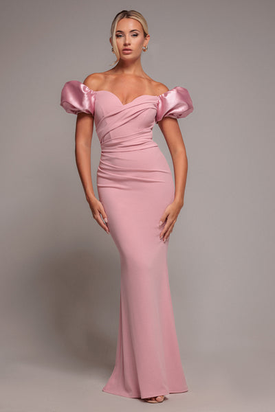 Puffy Satin  Sleeve Scuba Maxi Dress - Blush Pink by Goddiva