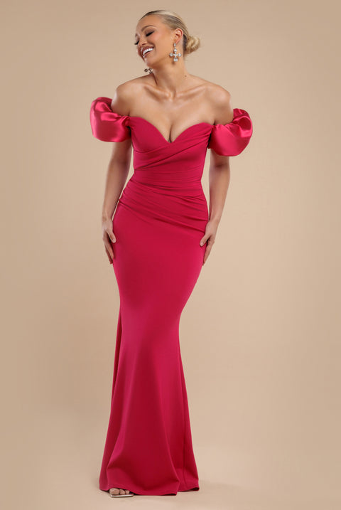 Puffy Satin  Sleeve Scuba Maxi Dress - Magenta by Goddiva
