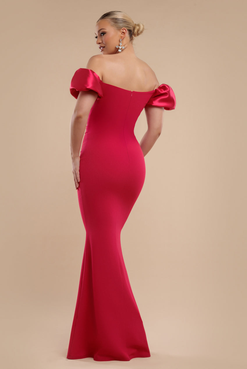 Puffy Satin  Sleeve Scuba Maxi Dress - Magenta DR4622