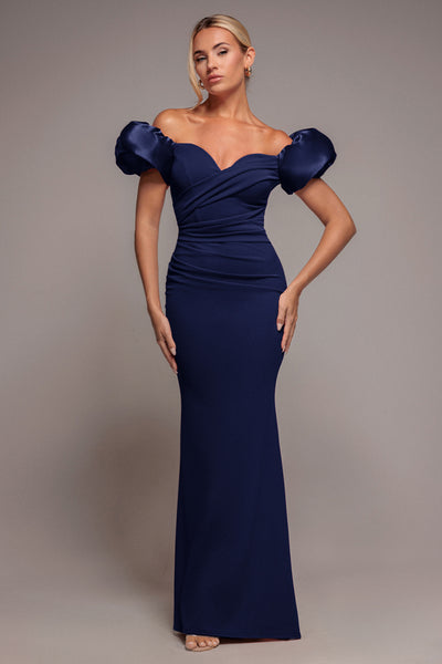 Navy - Puffy Satin  Sleeve Scuba Maxi Dress - Navy Blue by Goddiva