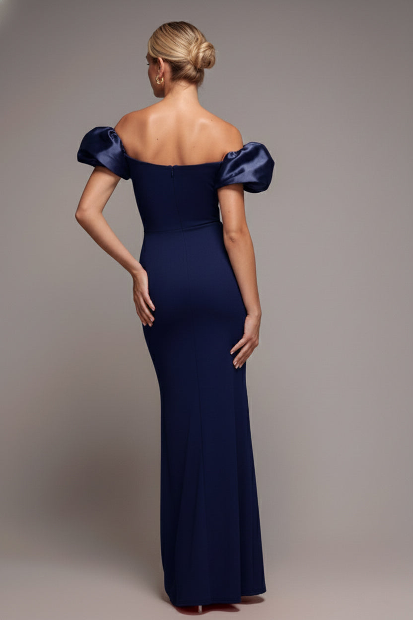 Puffy Satin  Sleeve Scuba Maxi Dress - Navy Blue DR4622