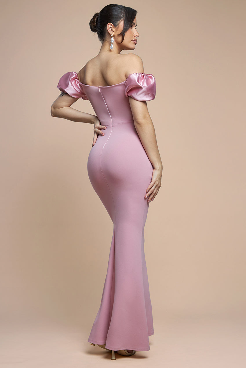 Puffy Satin  Sleeve Scuba Maxi Dress - Blush Pink DR4622