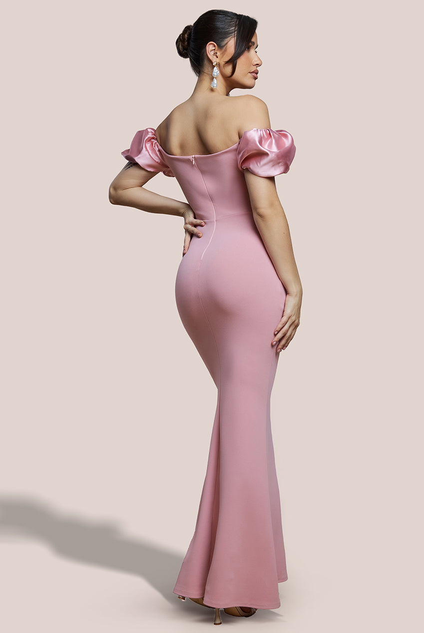 Puffy Satin  Sleeve Scuba Maxi Dress - Blush Pink DR4622