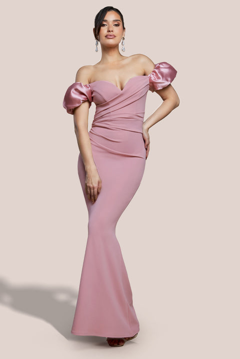 Puffy Satin  Sleeve Scuba Maxi Dress - Blush Pink by Goddiva
