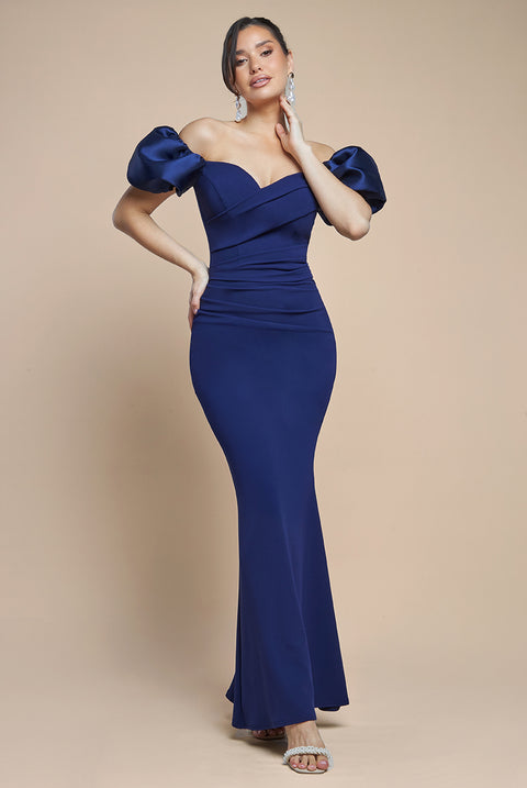 Puffy Satin  Sleeve Scuba Maxi Dress - Navy Blue by Goddiva