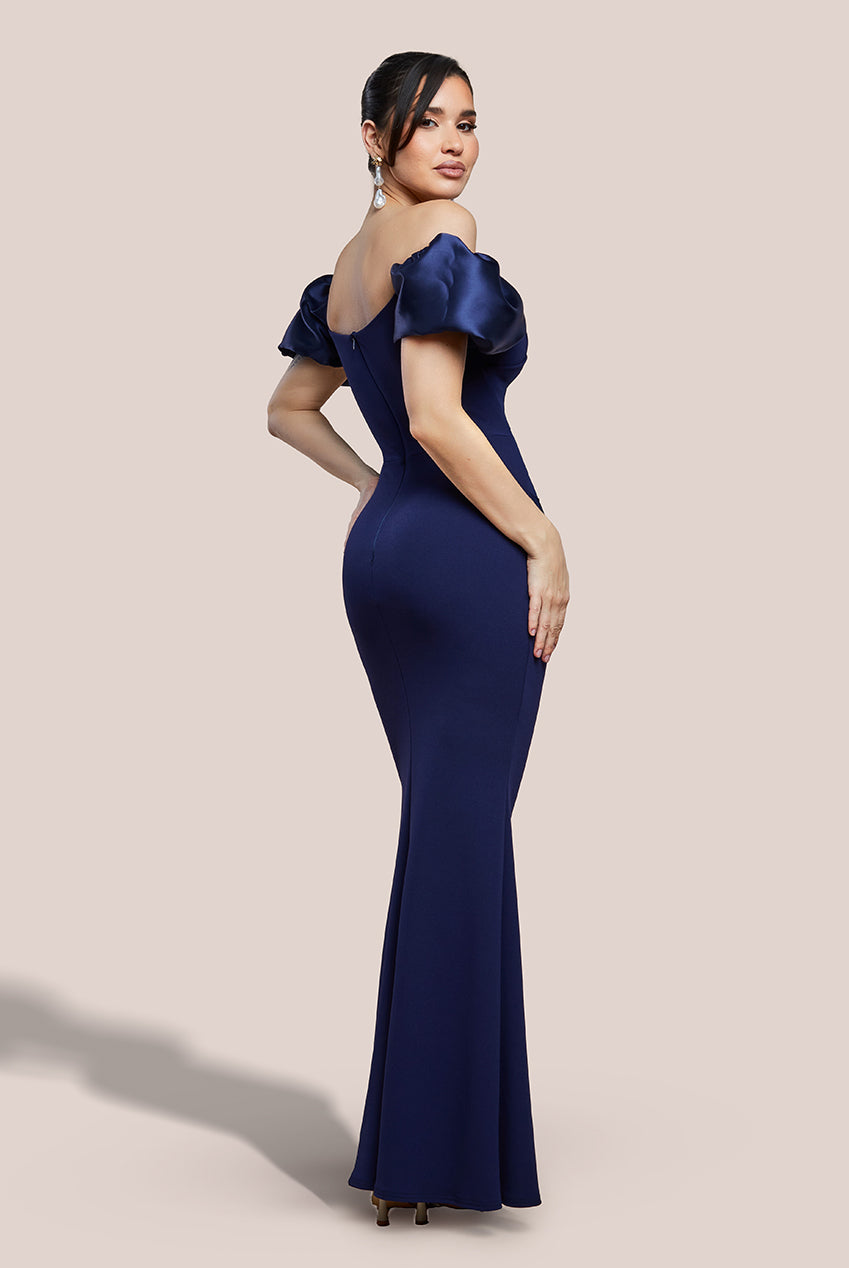 Puffy Satin  Sleeve Scuba Maxi Dress - Navy Blue DR4622