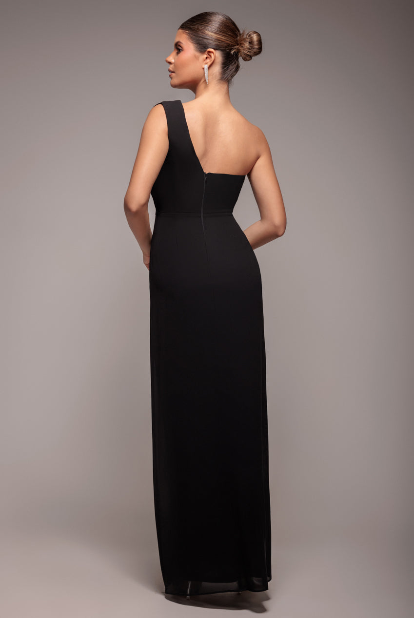 One Shoulder Diamante Chiffon Evening Maxi Dress - Black DR4625