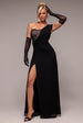 One Shoulder Diamante Chiffon Evening Maxi Dress - Black by Goddiva