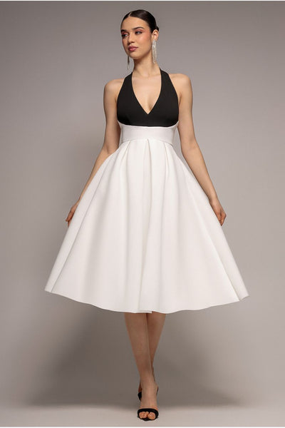 Contrast  Halter Neck Pleated A Line Midaxi Dress - Black Cream by Goddiva