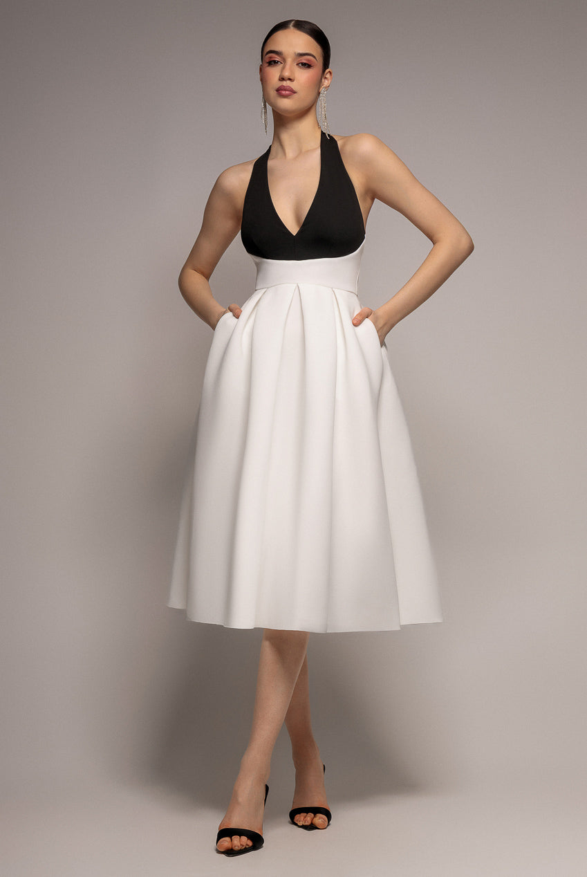 Contrast  Halter Neck Pleated A-Line Midaxi Dress - Black Cream DR4630