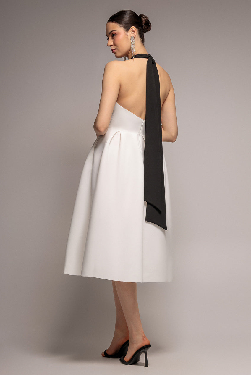 Contrast  Halter Neck Pleated A-Line Midaxi Dress - Black Cream DR4630