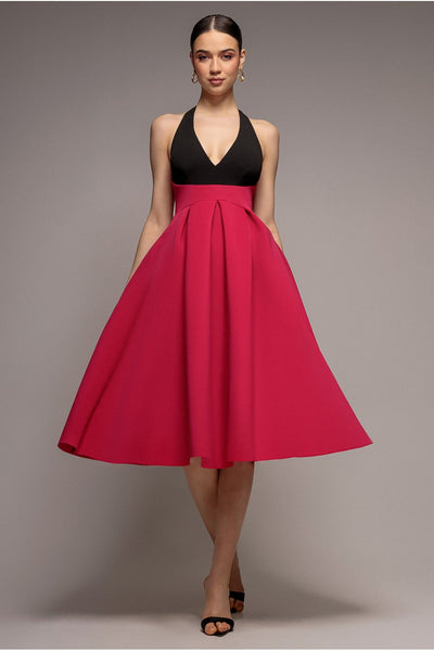 Contrast  Halter Neck Pleated A-Line Midaxi Dress - Black Magenta by Goddiva