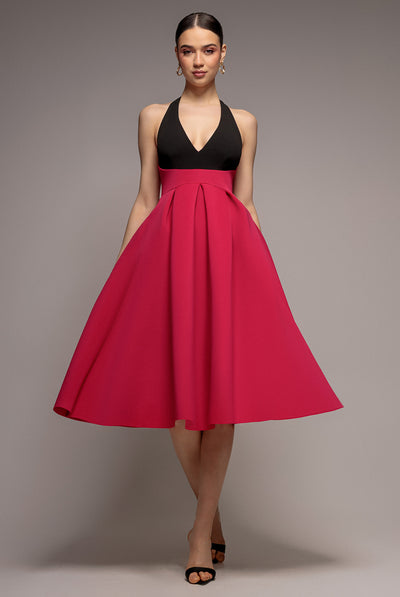 Black Magenta - Contrast  Halter Neck Pleated A-Line Midaxi Dress - Black Magenta by Goddiva