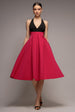 Contrast  Halter Neck Pleated A-Line Midaxi Dress - Black Magenta by Goddiva
