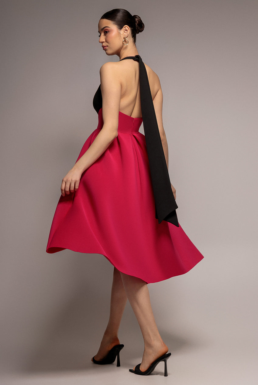 Contrast  Halter Neck Pleated A-Line Midaxi Dress - Black Magenta DR4630