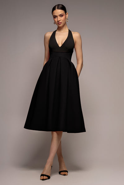 Halter Neck Pleated A-Line Midaxi Dress - Black | Goddiva Halter Neck Pleated A-Line Midaxi Dress - Black | Goddiva