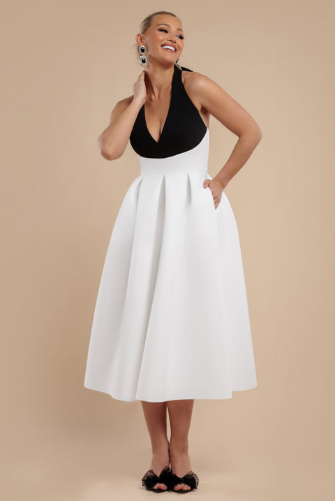 Goddiva Contrast  Halter Neck Pleated A-Line Midaxi Dress - Black Cream