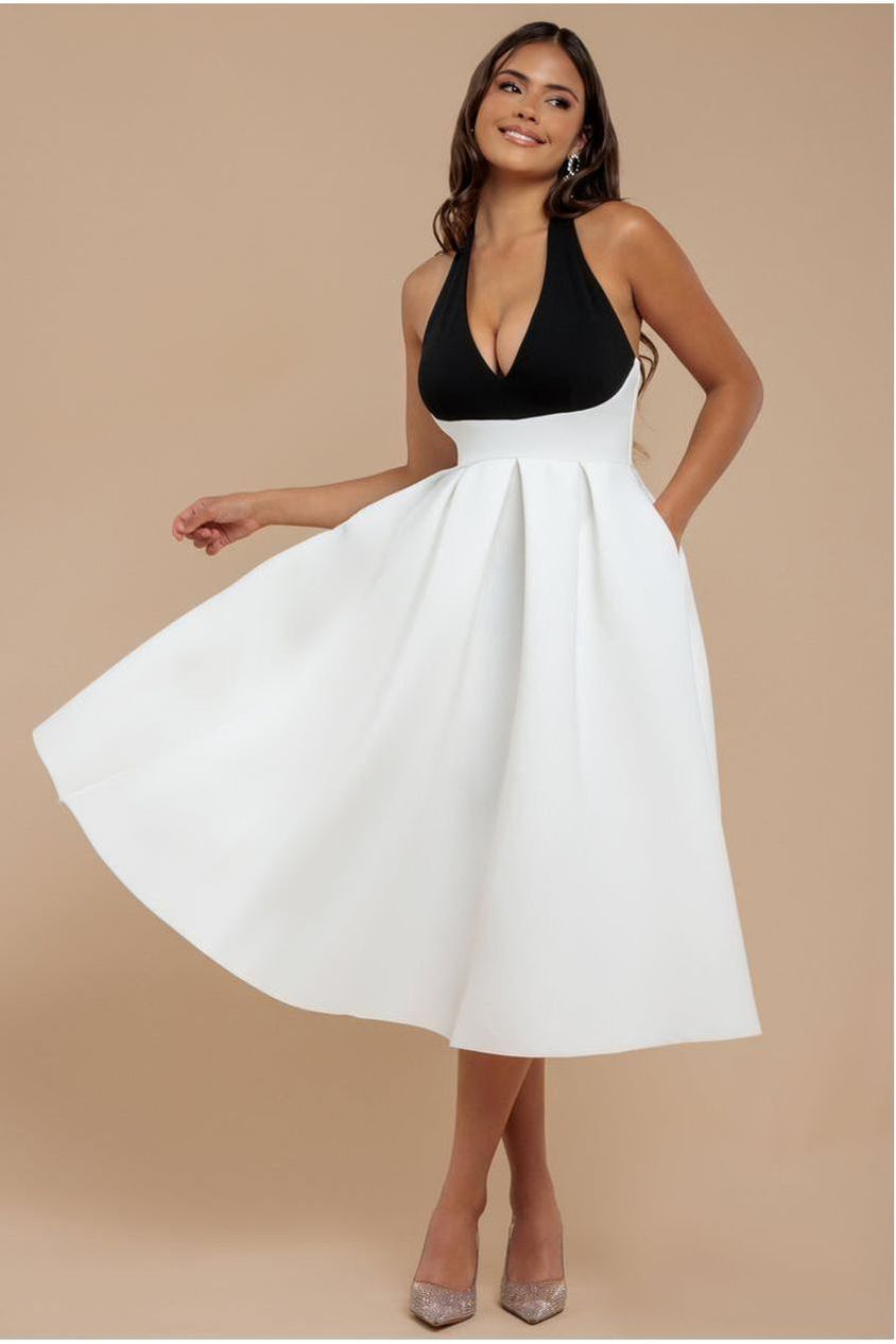 Contrast  Halter Neck Pleated A-Line Midaxi Dress - Black Cream DR4630