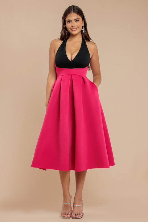 Contrast  Halter Neck Pleated A-Line Midaxi Dress - Black Magenta by Goddiva