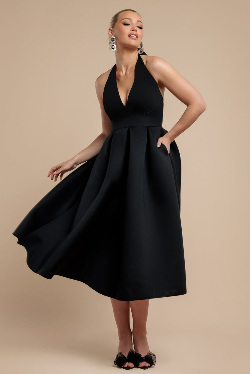 Halter Neck Pleated A-Line Midaxi Dress - Black DR4630