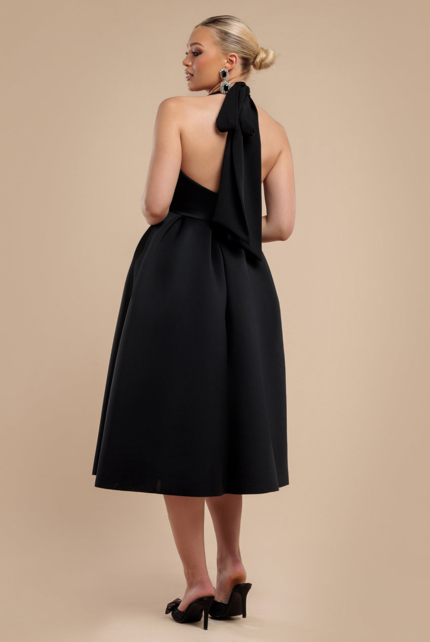 Halter Neck Pleated A-Line Midaxi Dress - Black DR4630