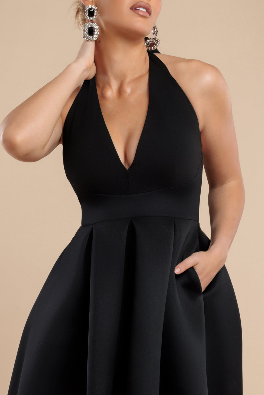 Halter Neck Pleated A-Line Midaxi Dress - Black DR4630