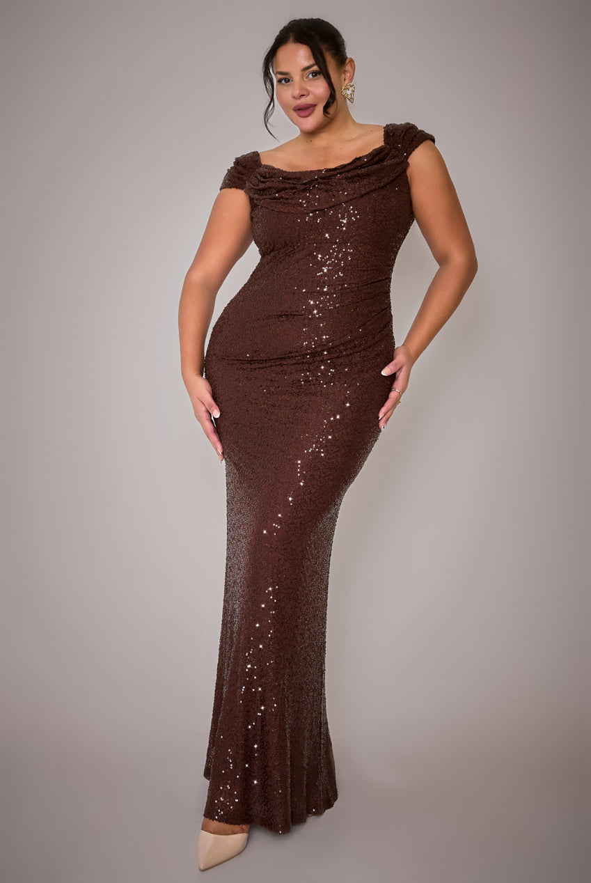 Cap Sleeve Iridescent Sequin Cowl Maxi Dress - Brown DR4633PLUS