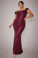 Cap Sleeve Iridescent Sequin Cowl Maxi Dress - Burgundy Red by Goddiva Plus