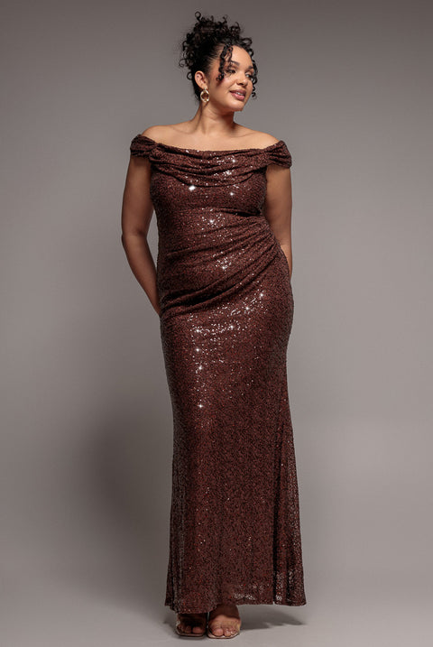 Cap Sleeve Iridescent Sequin Cowl Maxi Dress - Brown by Goddiva Plus