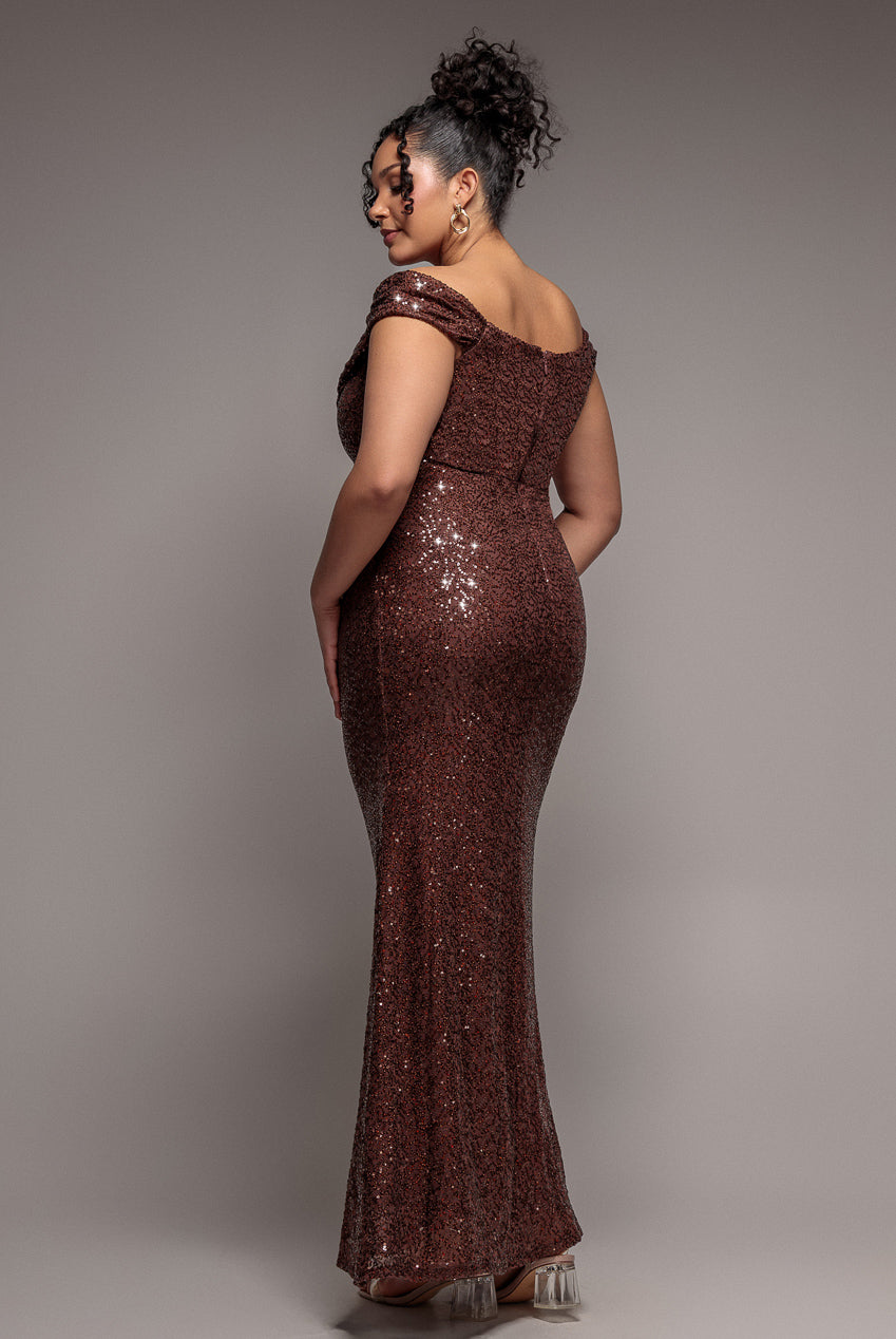 Cap Sleeve Iridescent Sequin Cowl Maxi Dress - Brown DR4633PLUS