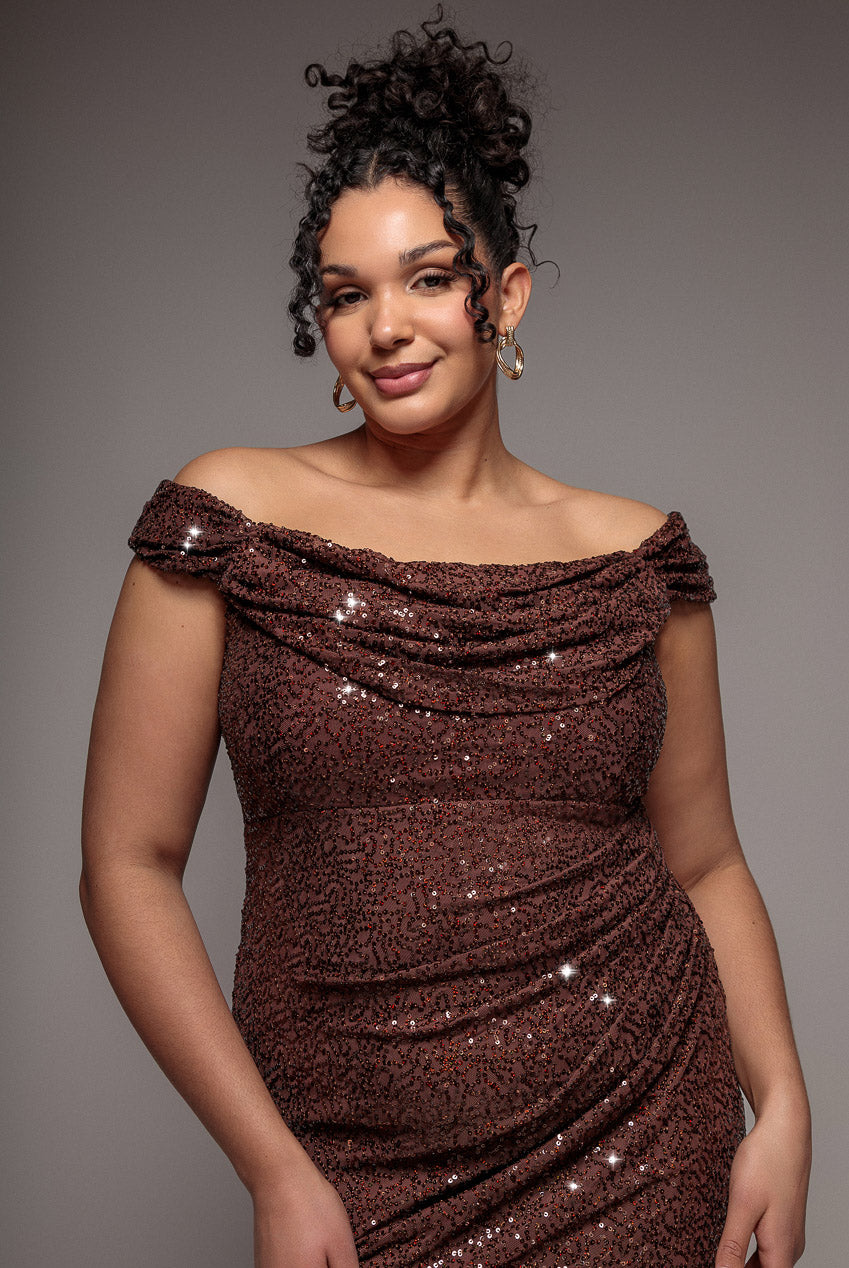 Cap Sleeve Iridescent Sequin Cowl Maxi Dress - Brown DR4633PLUS