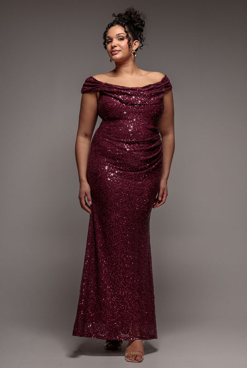 Cap Sleeve Iridescent Sequin Cowl Maxi Dress - Burgundy Red by Goddiva Plus