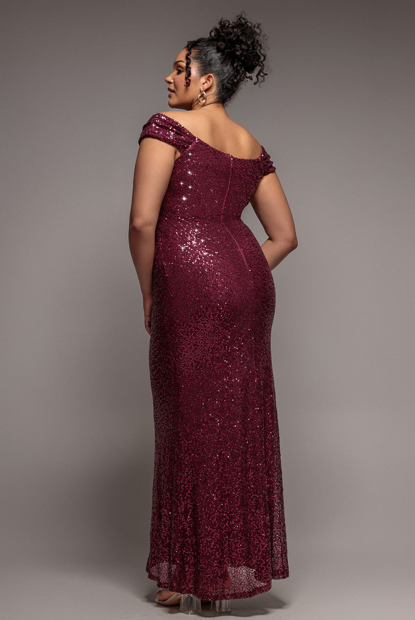 Cap Sleeve Iridescent Sequin Cowl Maxi Dress - Burgundy Red DR4633PLUS