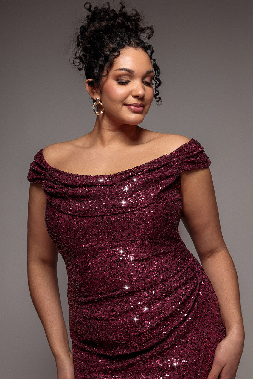 Cap Sleeve Iridescent Sequin Cowl Maxi Dress - Burgundy Red DR4633PLUS