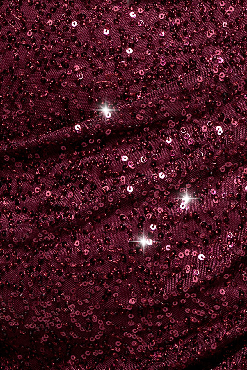 Cap Sleeve Iridescent Sequin Cowl Maxi Dress - Burgundy Red DR4633PLUS