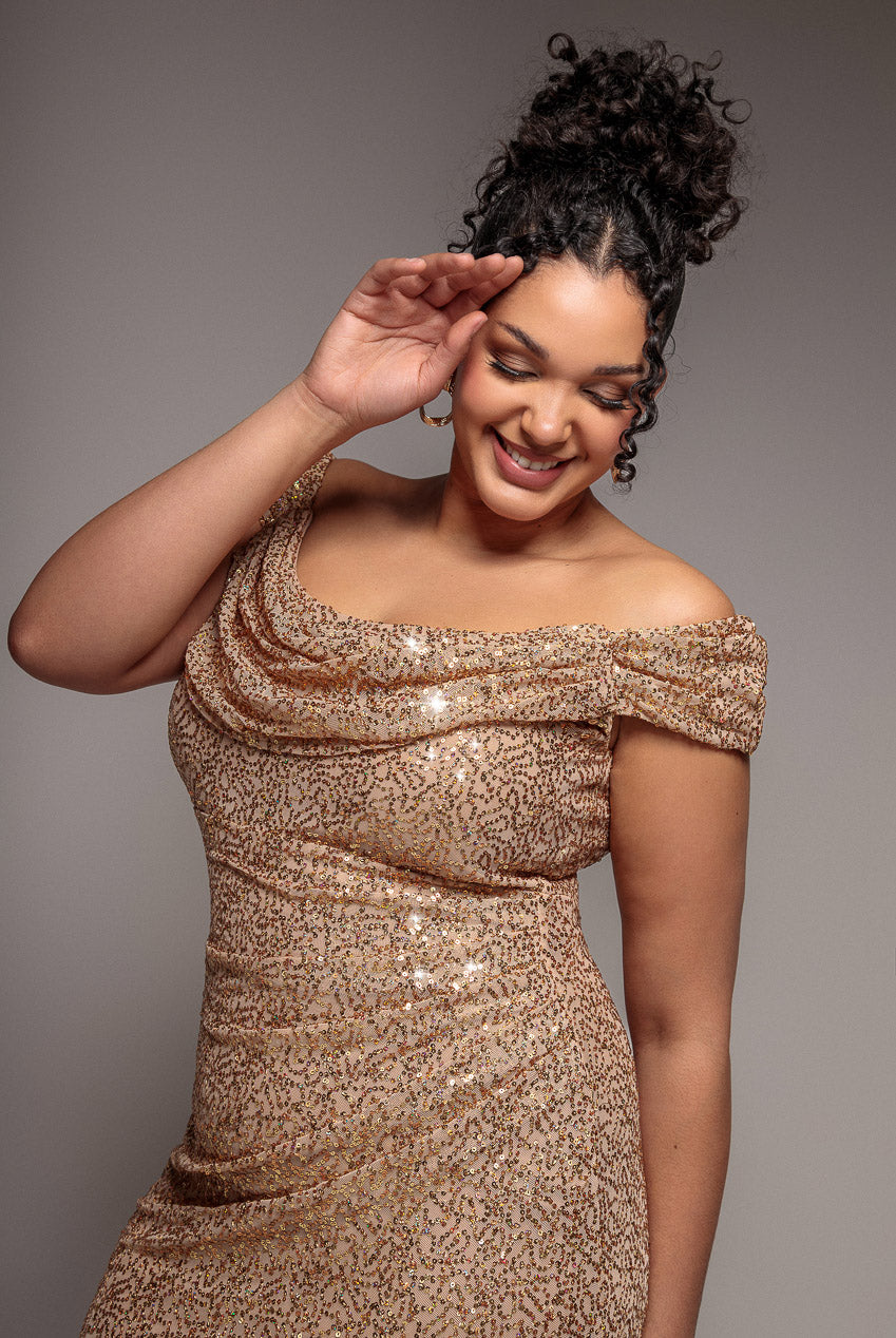 Cap Sleeve Iridescent Sequin Cowl Maxi Dress - Gold DR4633PLUS