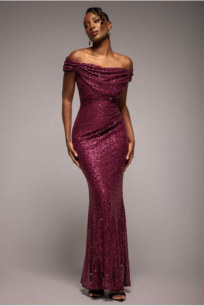 Cap Sleeve Iridescent Sequin Cowl Maxi Dress - Burgundy Red by Goddiva