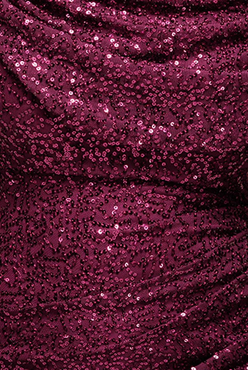 Cap Sleeve Iridescent Sequin Cowl Maxi Dress - Burgundy Red DR4633