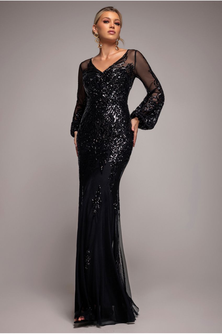 Embellished Sequin Bishop Sleeve Maxi Dress - Black DR4634