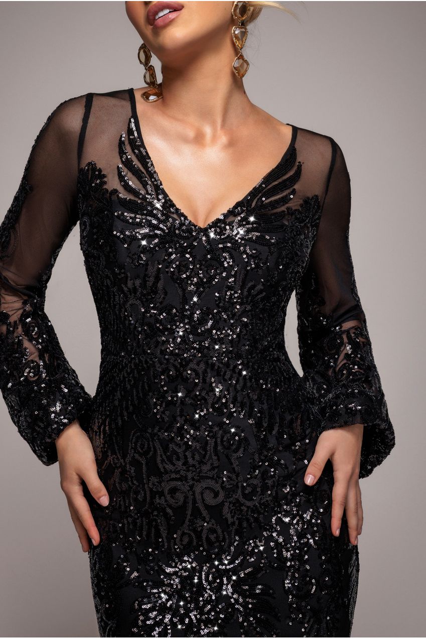 Embellished Sequin Bishop Sleeve Maxi Dress - Black DR4634